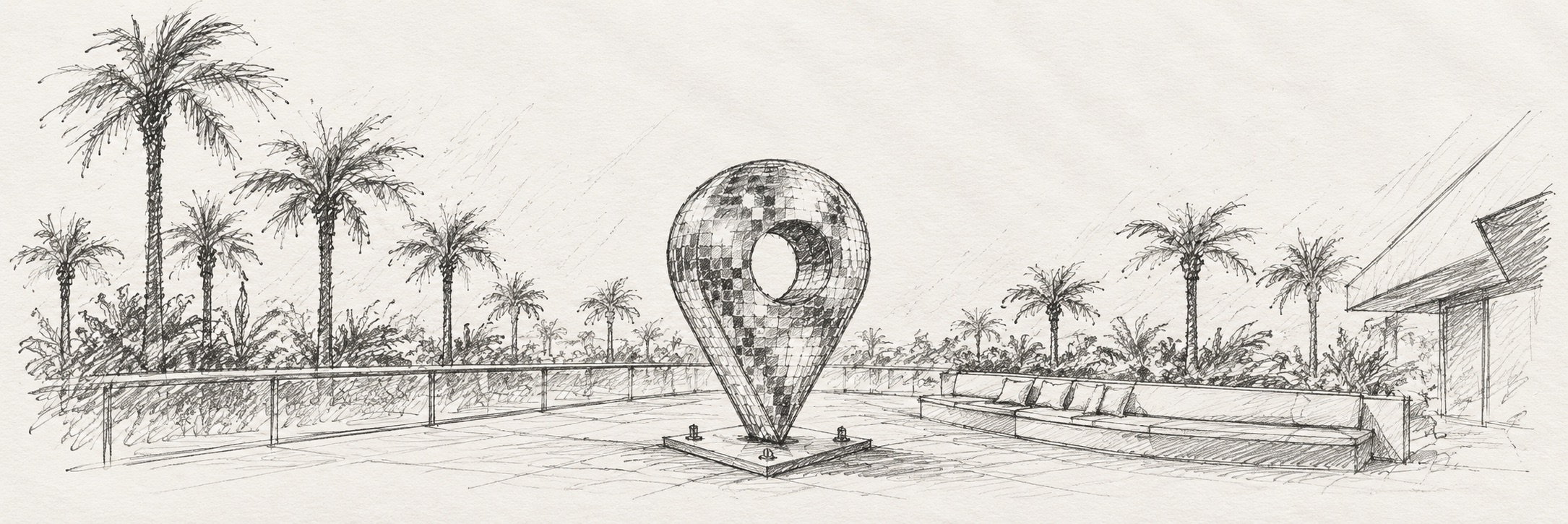 Pencil sketch of a mirror-ball map pin sculpture on a palm-lined terrace.