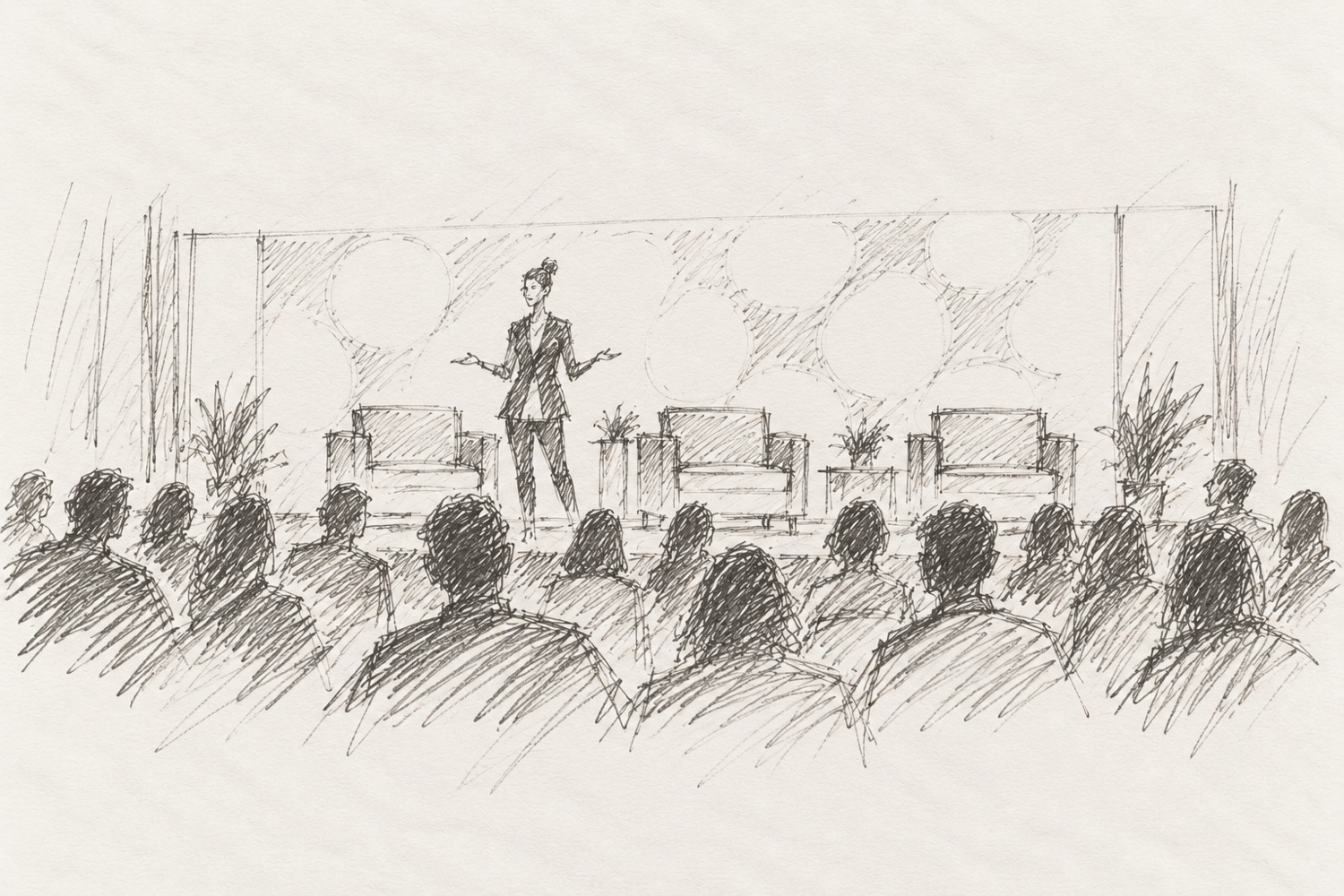 Pencil sketch of a speaker on a low stage with an audience in the foreground.