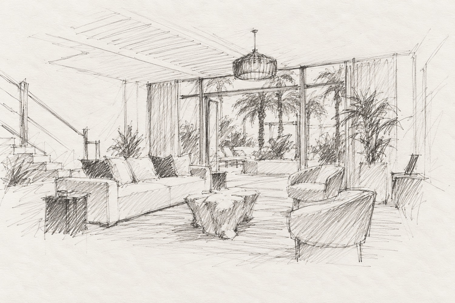 Pencil sketch of a suite living room with a sofa, two chairs and a window onto palms.